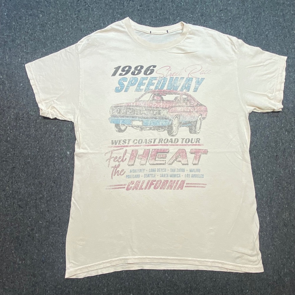 Graphic‎ T-Shirt L Mens Cream Skater 1986 Speedway California Road Tour Cotton
